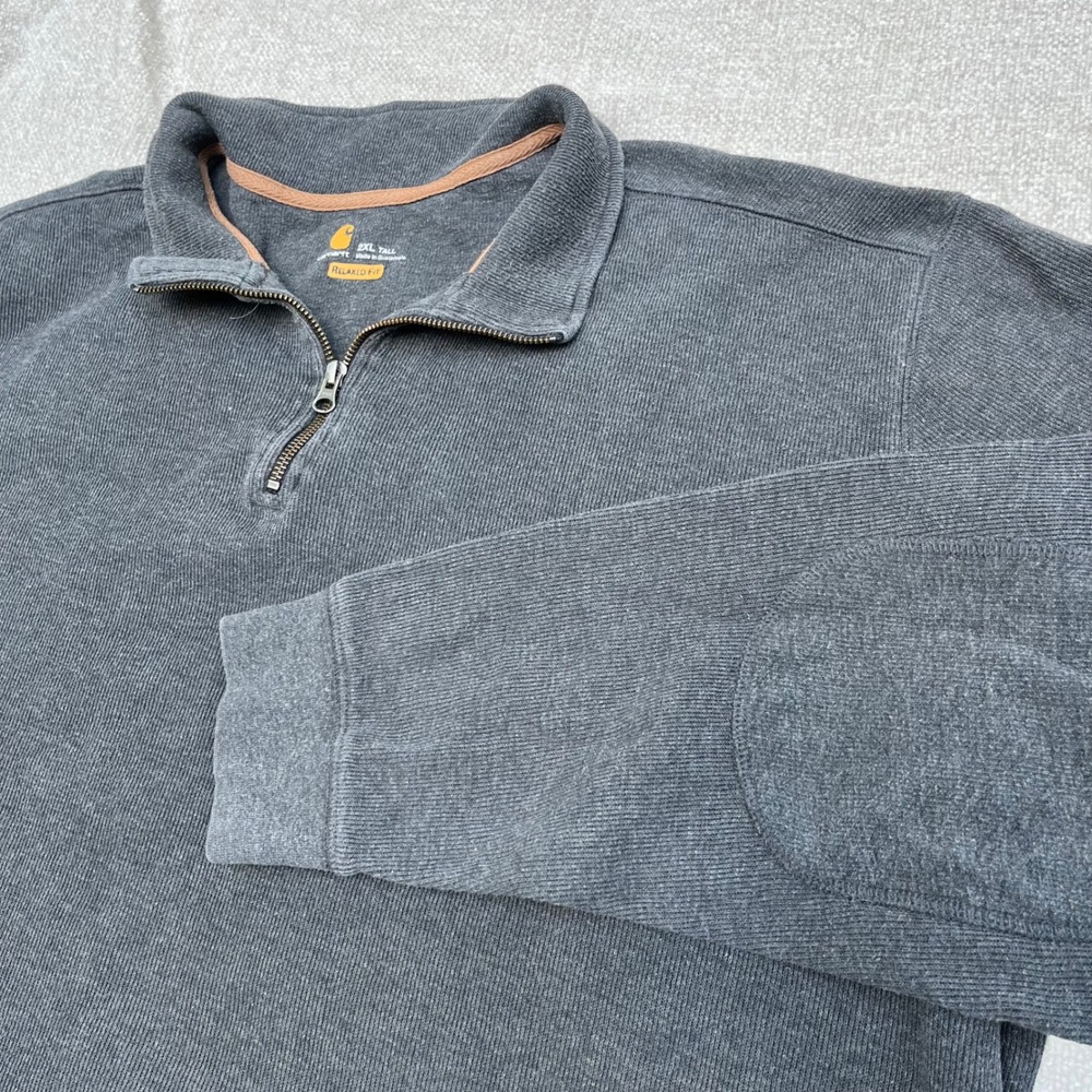 Carhartt Mens 2XL Tall Gray Quarter Zip Pullover Ribbed Knit Elbow Patches